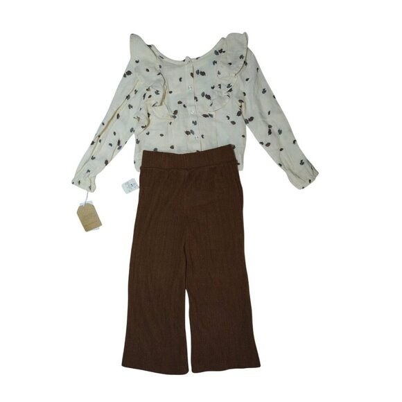 Grayson Collective Girls 4T Outfit with Leaf Print Cotton Top and Brown Pants. - Picture 4 of 8